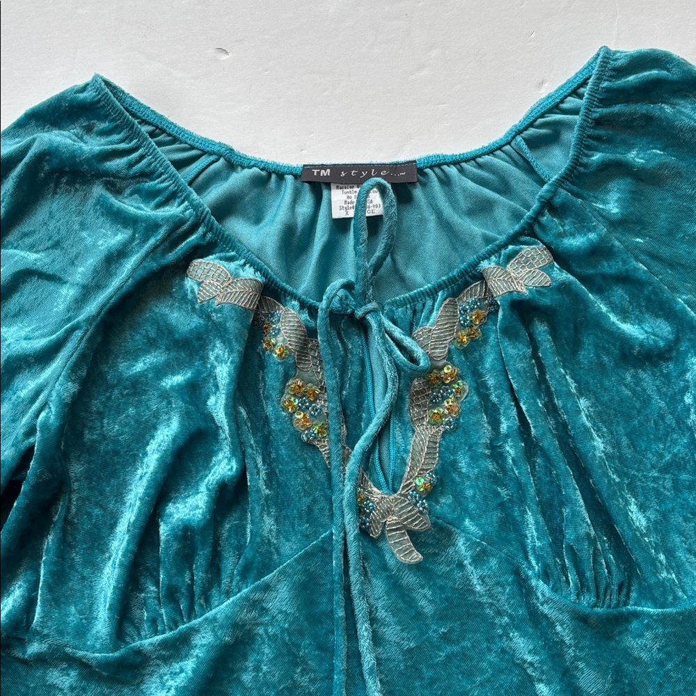 Vintage Y2K New Teal Velvet XL Fairy Peasant Blouse Top Beaded Embroidered - Picture 10 of 17